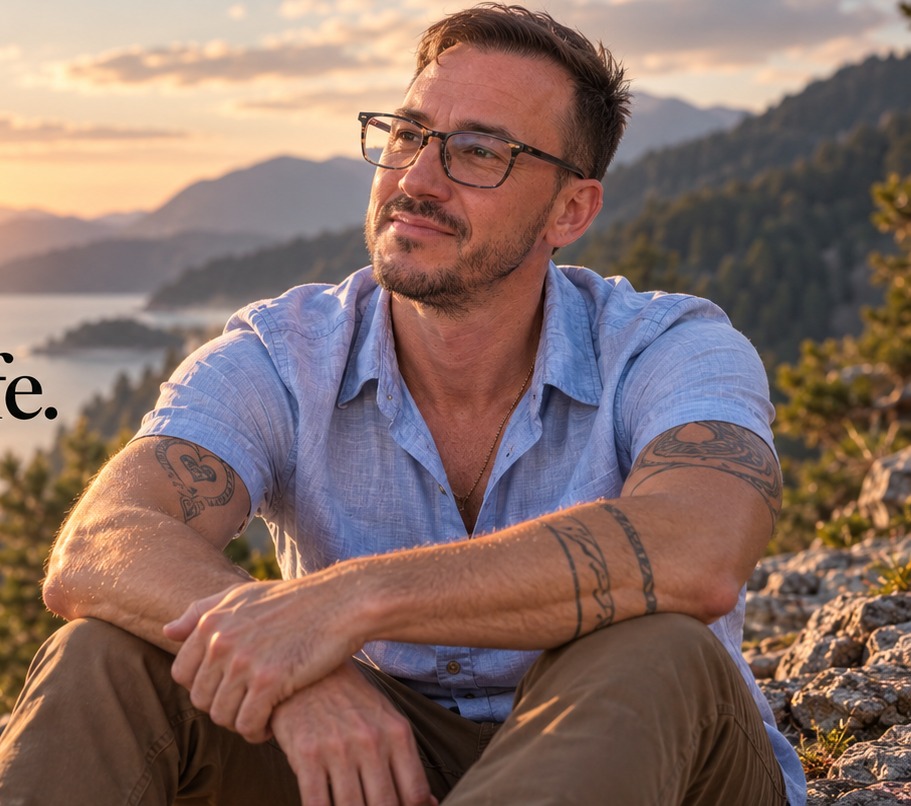 Dustan Drake seated outdoors in a scenic mountain setting, wearing glasses.